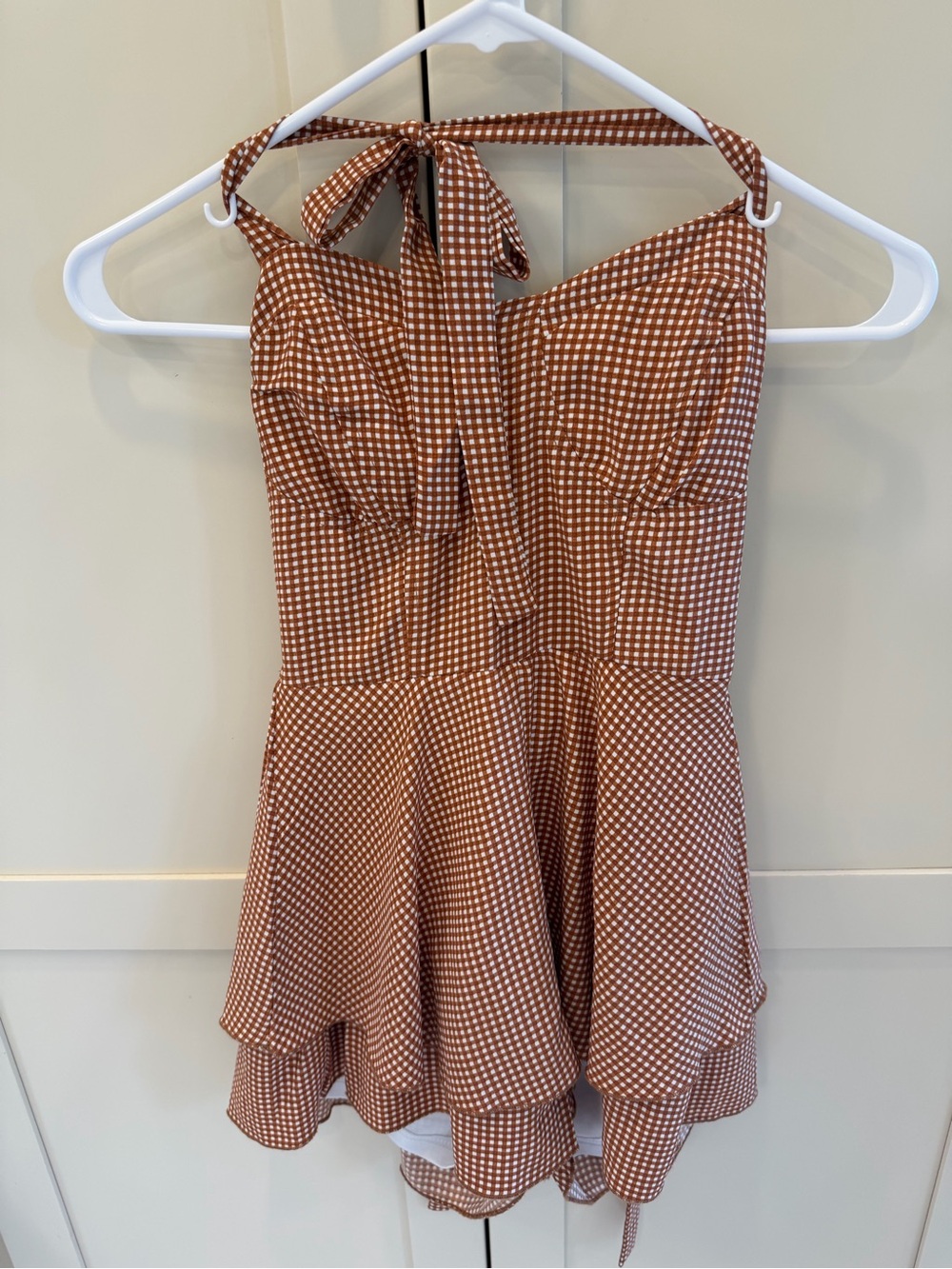 Women’s Gingham Halter Peplum Romper (with shorts) - brown/cream check